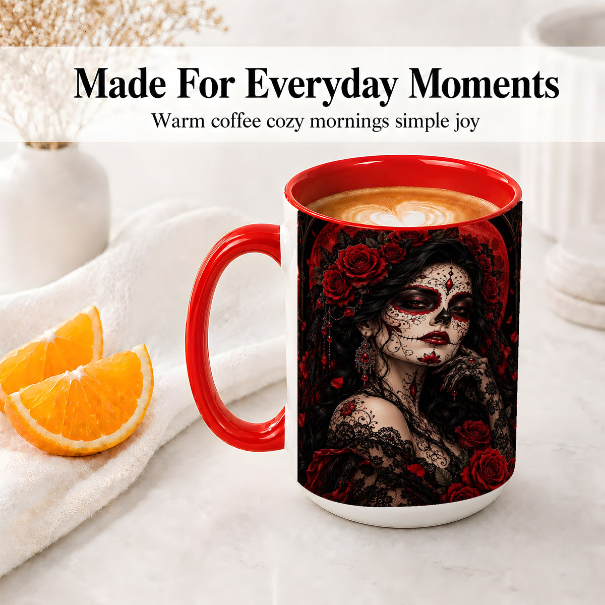 #pl[15oz|Red] Gothic Sugar Skull Woman Ceramic Mug, Red Rose and Moon Artwork