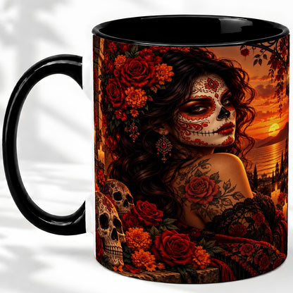 #pl[11oz|Black] Sunset Sugar Skull Woman Ceramic Mug, Red Rose Gothic Artwork