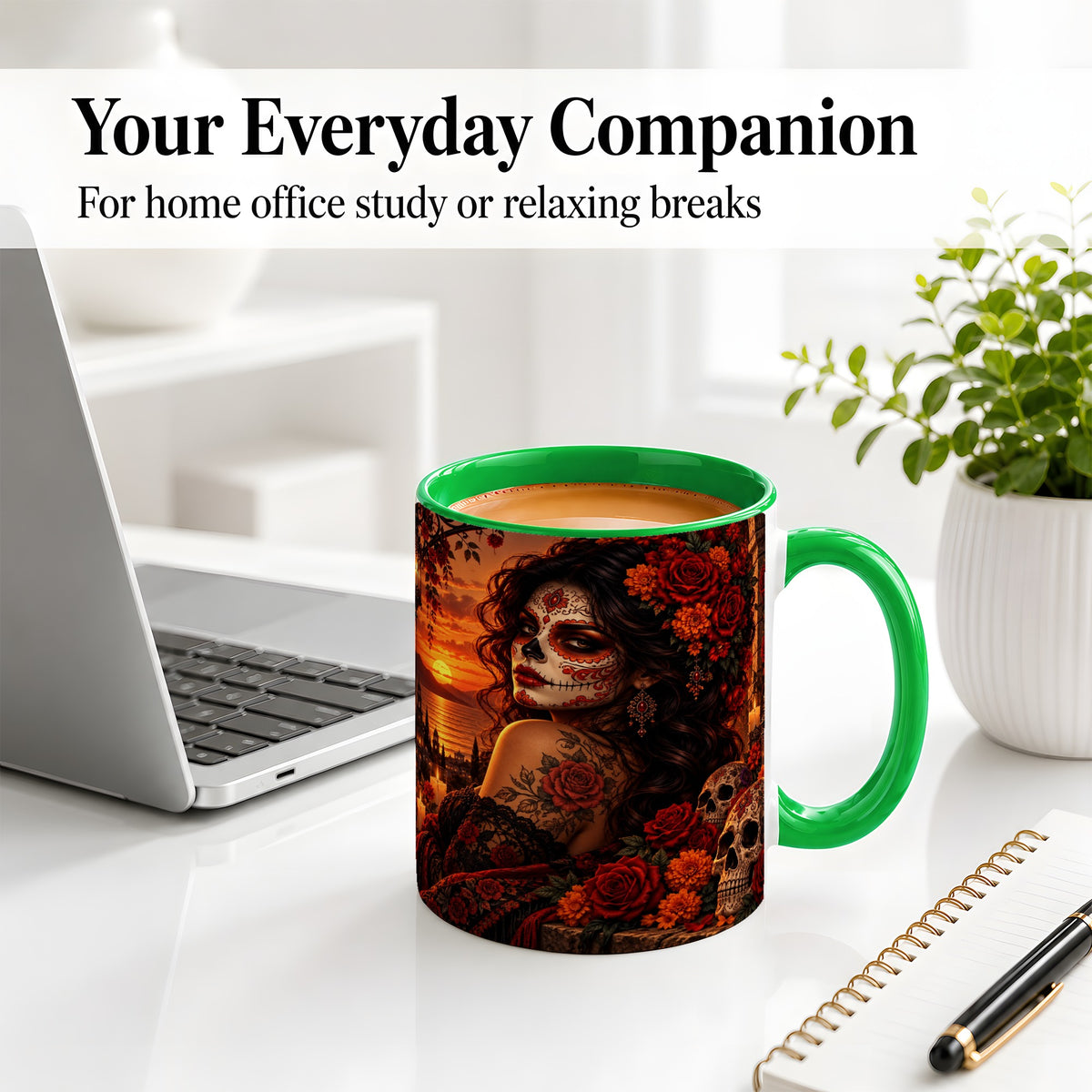 #pl[11oz|Green] Sunset Sugar Skull Woman Ceramic Mug, Red Rose Gothic Artwork