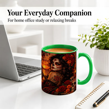 #pl[11oz|Green] Sunset Sugar Skull Woman Ceramic Mug, Red Rose Gothic Artwork