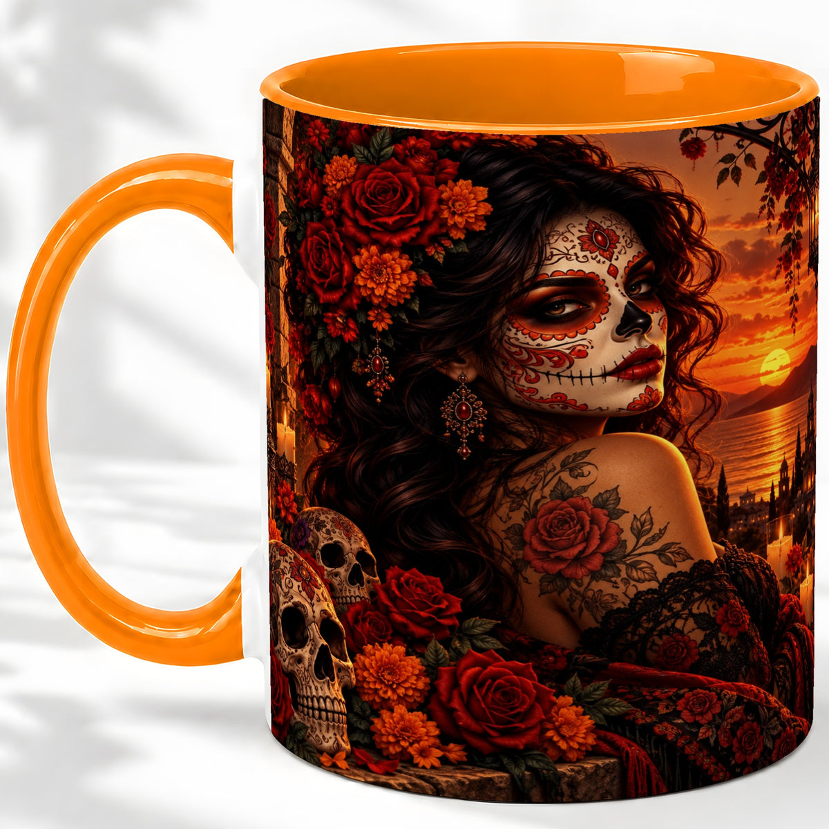 #pl[11oz|Orange] Sunset Sugar Skull Woman Ceramic Mug, Red Rose Gothic Artwork