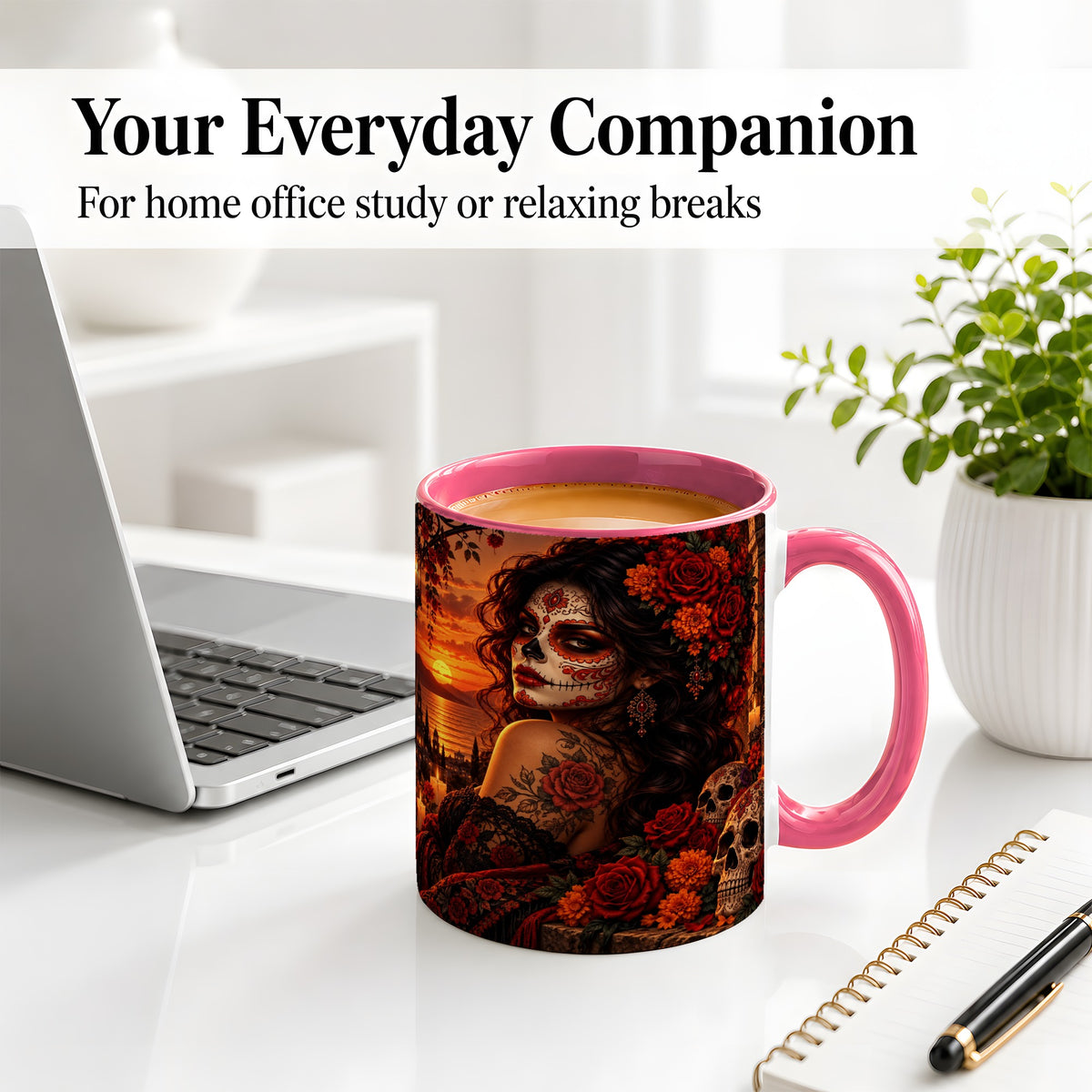 #pl[11oz|Pink] Sunset Sugar Skull Woman Ceramic Mug, Red Rose Gothic Artwork