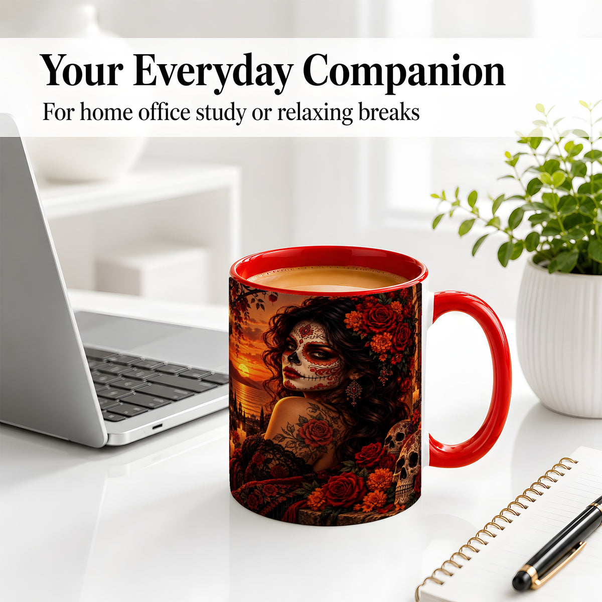 #pl[11oz|Red] Sunset Sugar Skull Woman Ceramic Mug, Red Rose Gothic Artwork