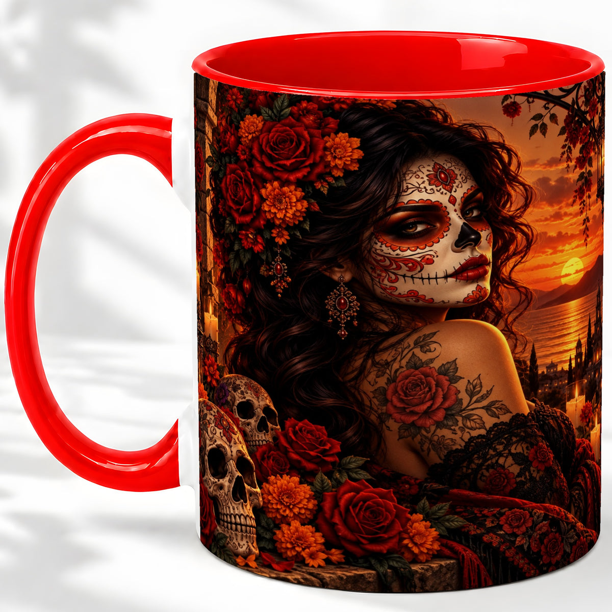 Sunset Sugar Skull Woman Ceramic Mug, Red Rose Gothic Artwork