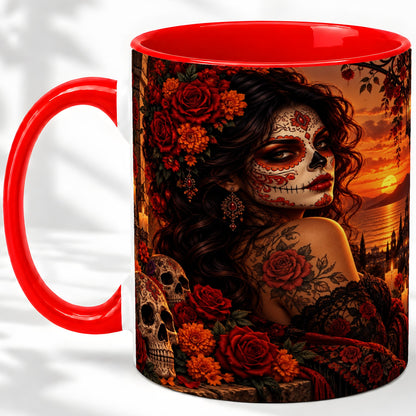 Sunset Sugar Skull Woman Ceramic Mug, Red Rose Gothic Artwork