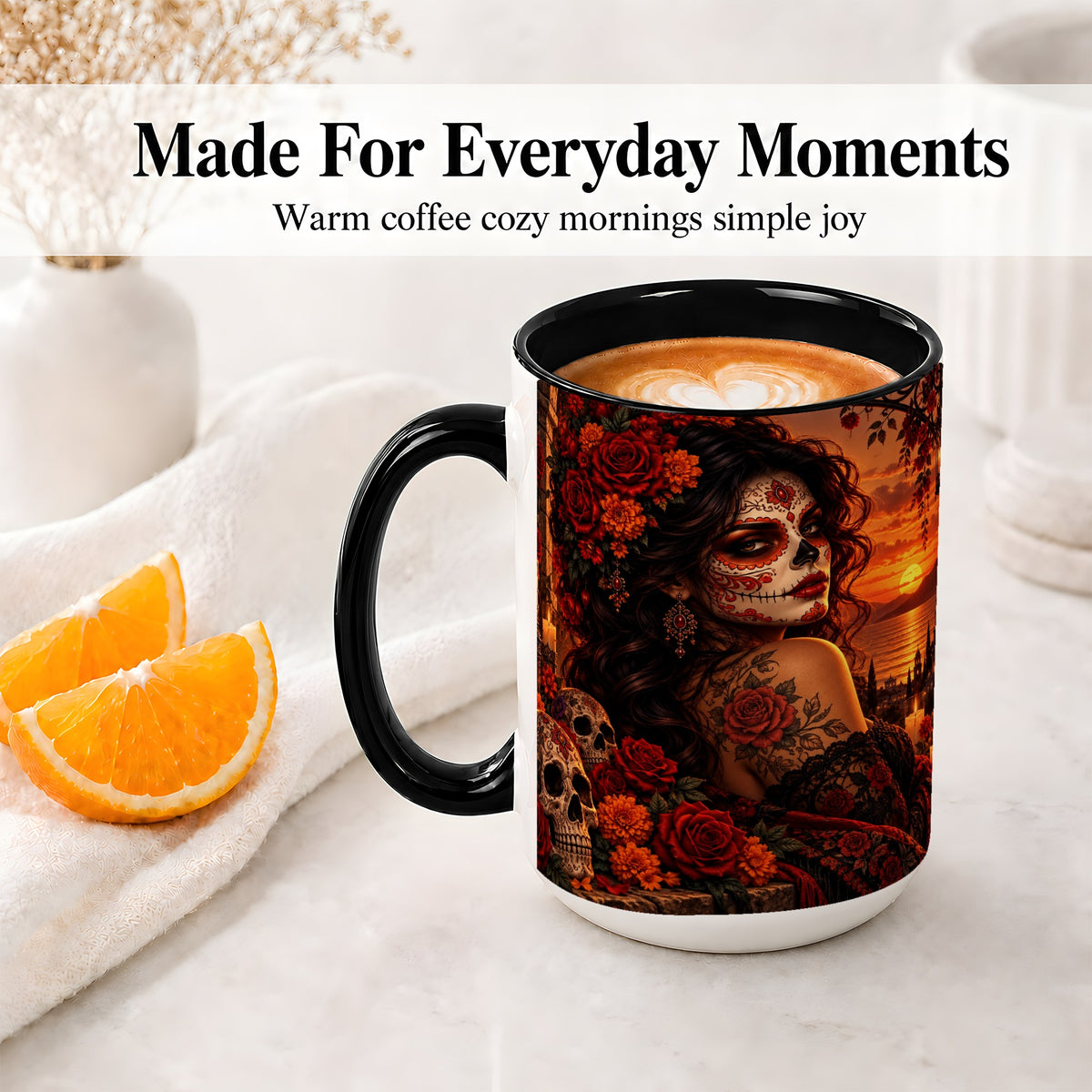 #pl[15oz|Black] Sunset Sugar Skull Woman Ceramic Mug, Red Rose Gothic Artwork