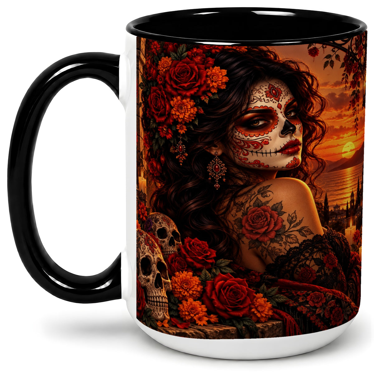 #pl[15oz|Black] Sunset Sugar Skull Woman Ceramic Mug, Red Rose Gothic Artwork