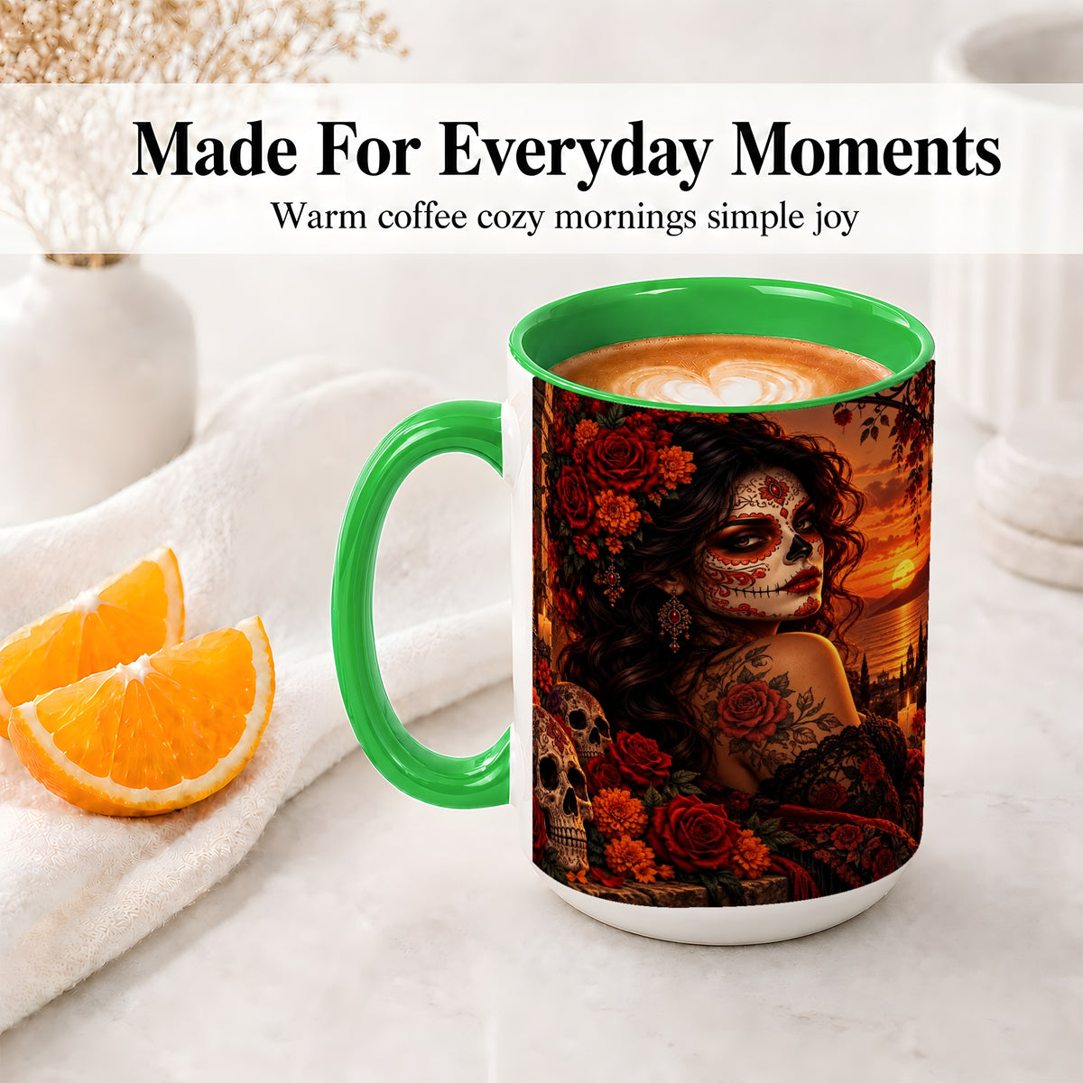 #pl[15oz|Green] Sunset Sugar Skull Woman Ceramic Mug, Red Rose Gothic Artwork