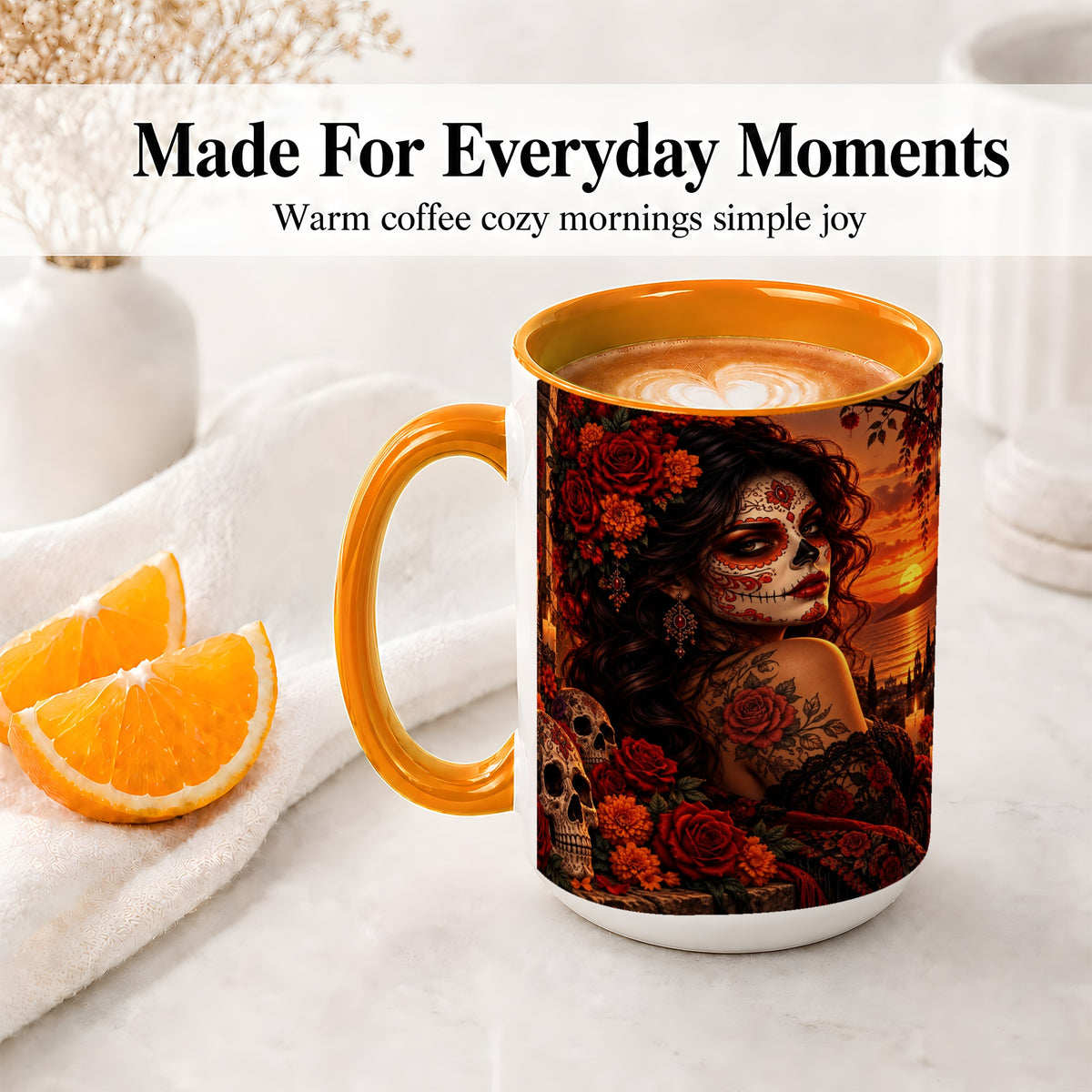 #pl[15oz|Orange] Sunset Sugar Skull Woman Ceramic Mug, Red Rose Gothic Artwork