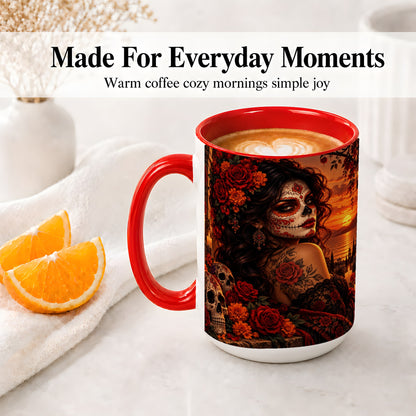 #pl[15oz|Red] Sunset Sugar Skull Woman Ceramic Mug, Red Rose Gothic Artwork