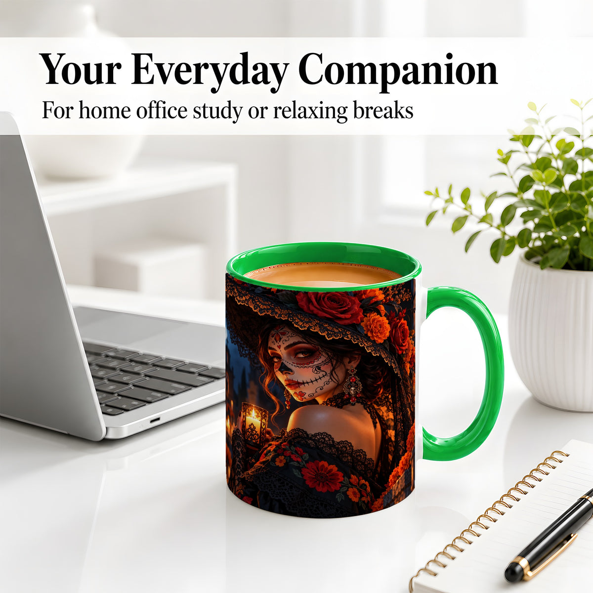 #pl[11oz|Green] Candlelit Sugar Skull Woman Ceramic Mug, Gothic Floral Artwork