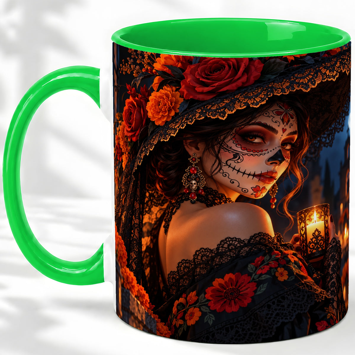 #pl[11oz|Green] Candlelit Sugar Skull Woman Ceramic Mug, Gothic Floral Artwork