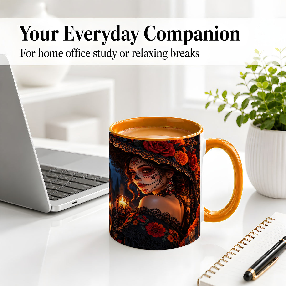 #pl[11oz|Orange] Candlelit Sugar Skull Woman Ceramic Mug, Gothic Floral Artwork