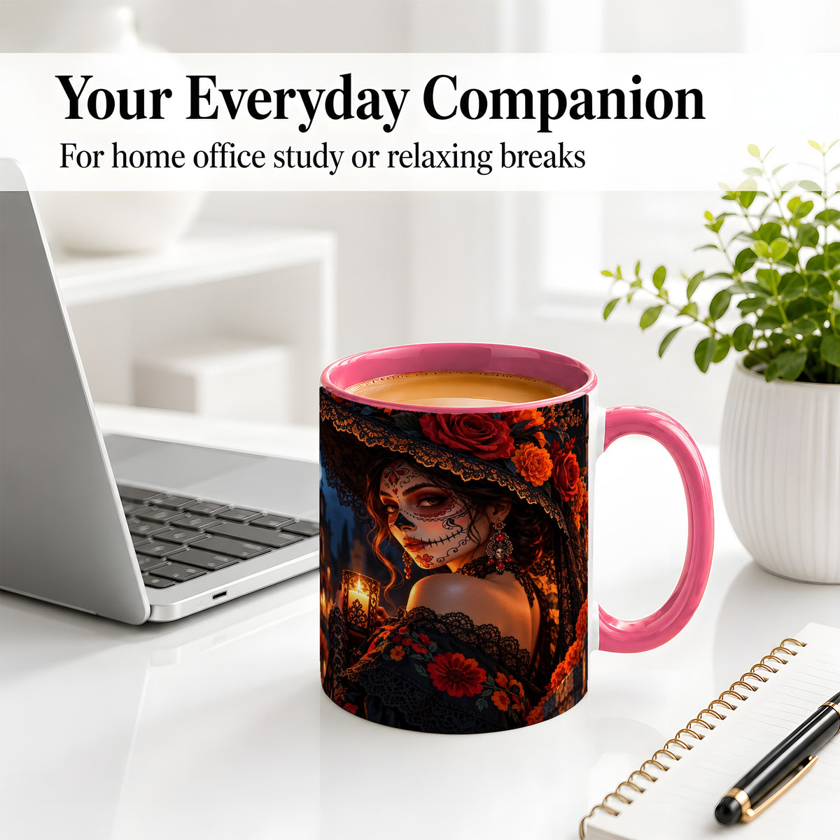 #pl[11oz|Pink] Candlelit Sugar Skull Woman Ceramic Mug, Gothic Floral Artwork