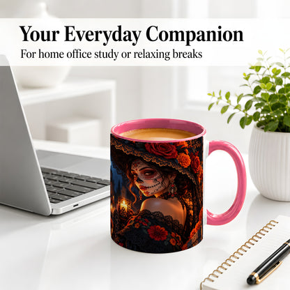 #pl[11oz|Pink] Candlelit Sugar Skull Woman Ceramic Mug, Gothic Floral Artwork