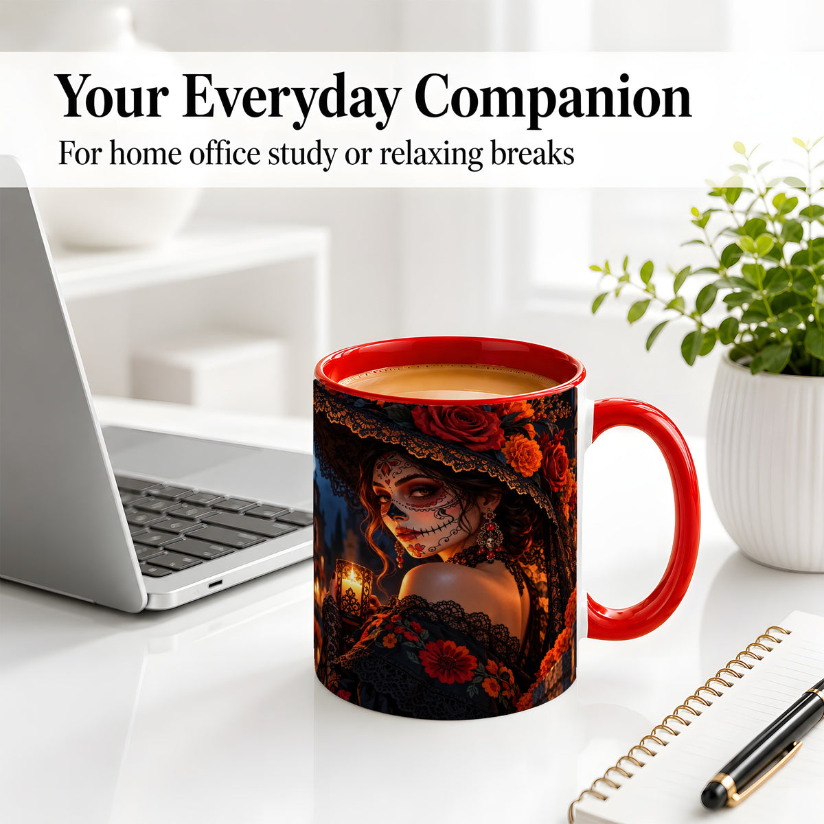 #pl[11oz|Red] Candlelit Sugar Skull Woman Ceramic Mug, Gothic Floral Artwork