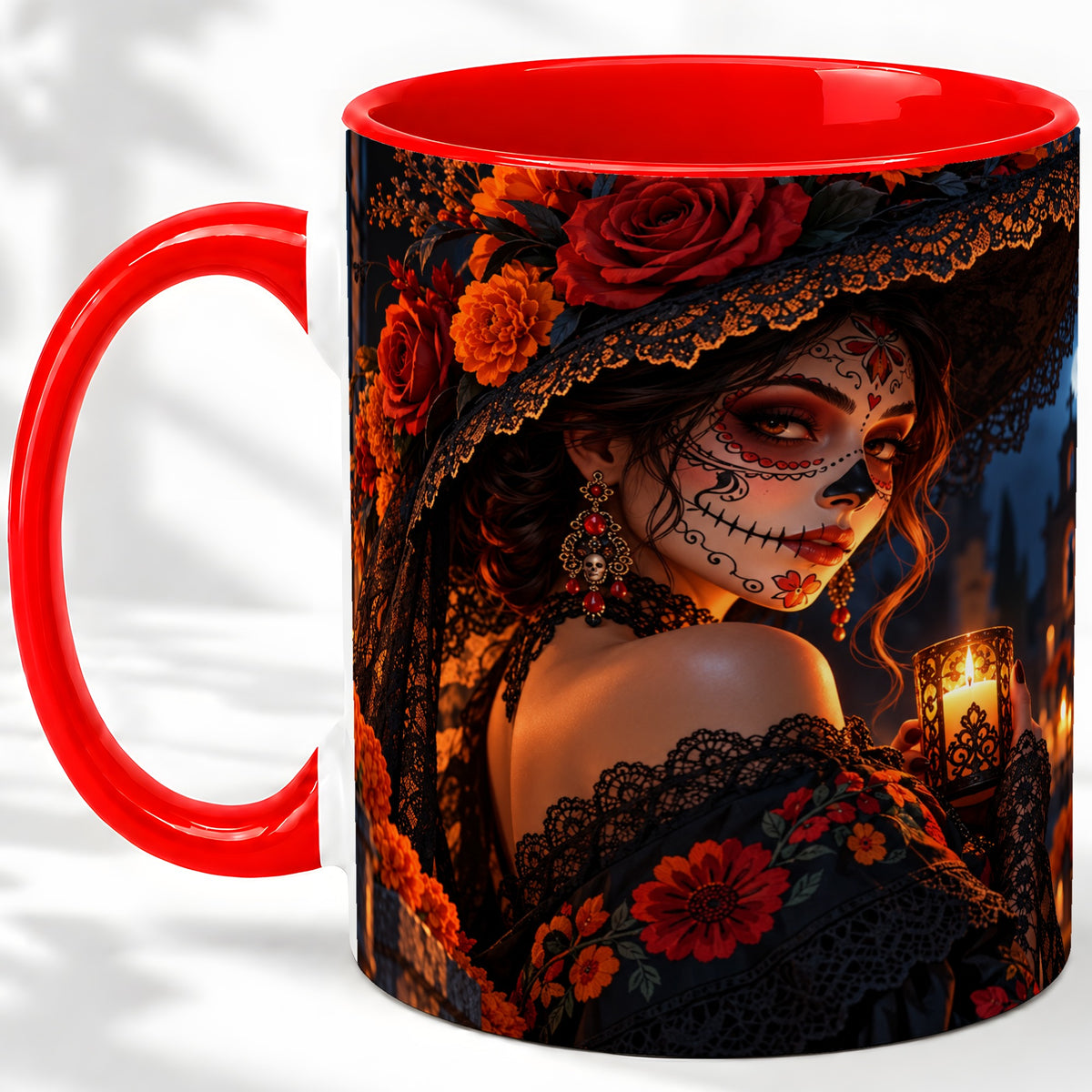 Candlelit Sugar Skull Woman Ceramic Mug, Gothic Floral Artwork