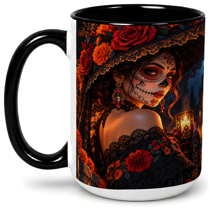 #pl[15oz|Black] Candlelit Sugar Skull Woman Ceramic Mug, Gothic Floral Artwork