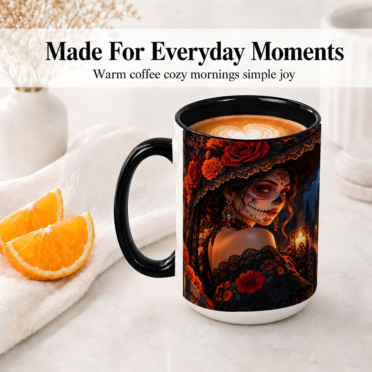 #pl[15oz|Black] Candlelit Sugar Skull Woman Ceramic Mug, Gothic Floral Artwork