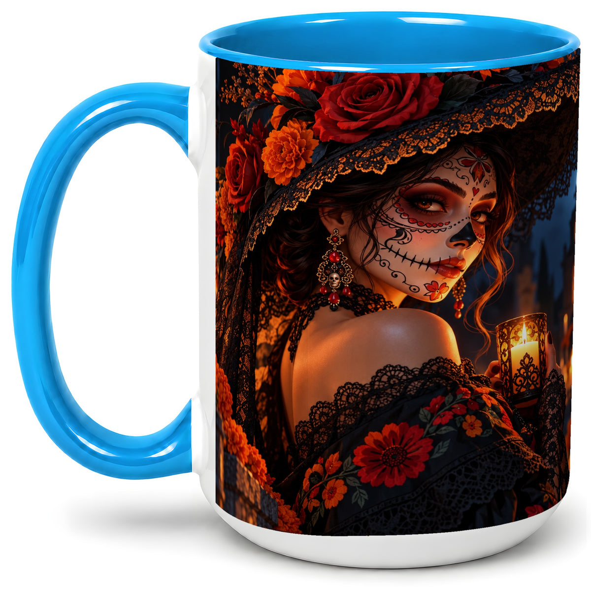 #pl[15oz|Blue] Candlelit Sugar Skull Woman Ceramic Mug, Gothic Floral Artwork