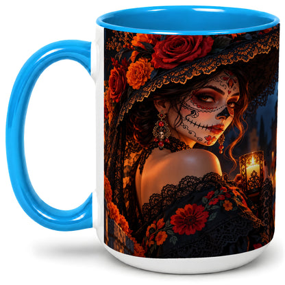 #pl[15oz|Blue] Candlelit Sugar Skull Woman Ceramic Mug, Gothic Floral Artwork