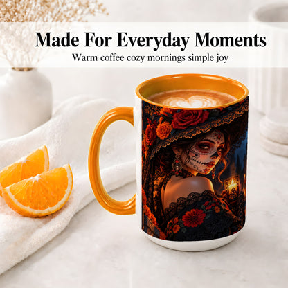 #pl[15oz|Orange] Candlelit Sugar Skull Woman Ceramic Mug, Gothic Floral Artwork