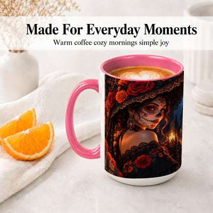 #pl[15oz|Pink] Candlelit Sugar Skull Woman Ceramic Mug, Gothic Floral Artwork