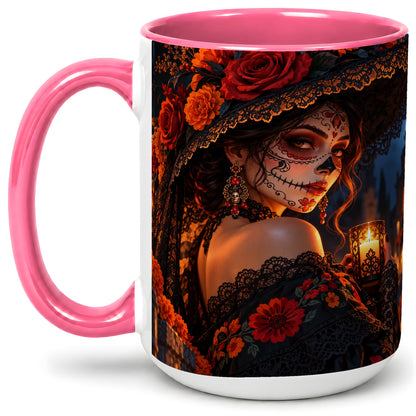 #pl[15oz|Pink] Candlelit Sugar Skull Woman Ceramic Mug, Gothic Floral Artwork