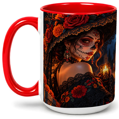 #pl[15oz|Red] Candlelit Sugar Skull Woman Ceramic Mug, Gothic Floral Artwork
