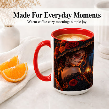 #pl[15oz|Red] Candlelit Sugar Skull Woman Ceramic Mug, Gothic Floral Artwork