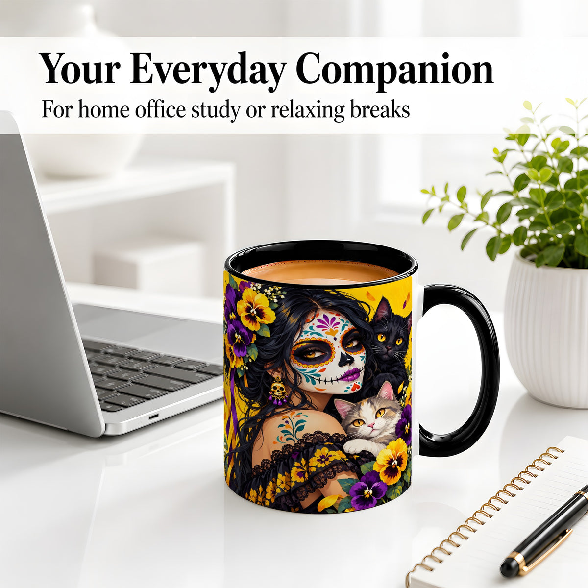 #pl[11oz|Black] Sugar Skull Woman and Cats Ceramic Mug, Yellow Pansy Artwork