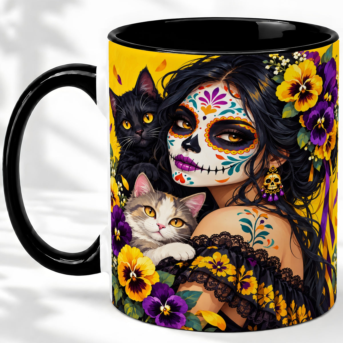 #pl[11oz|Black] Sugar Skull Woman and Cats Ceramic Mug, Yellow Pansy Artwork