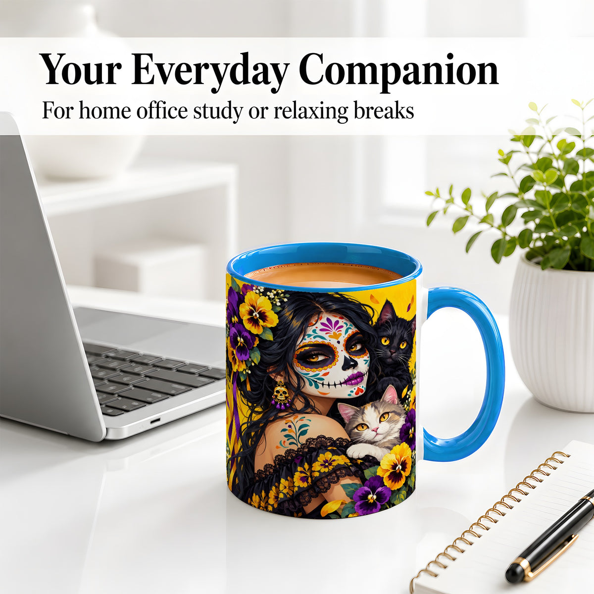 #pl[11oz|Blue] Sugar Skull Woman and Cats Ceramic Mug, Yellow Pansy Artwork