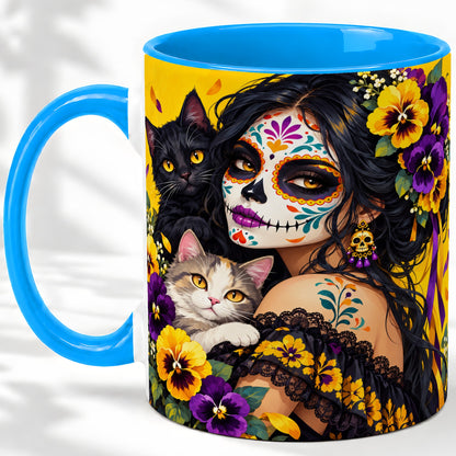 #pl[11oz|Blue] Sugar Skull Woman and Cats Ceramic Mug, Yellow Pansy Artwork