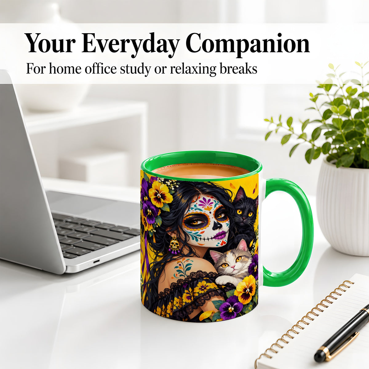 #pl[11oz|Green] Sugar Skull Woman and Cats Ceramic Mug, Yellow Pansy Artwork