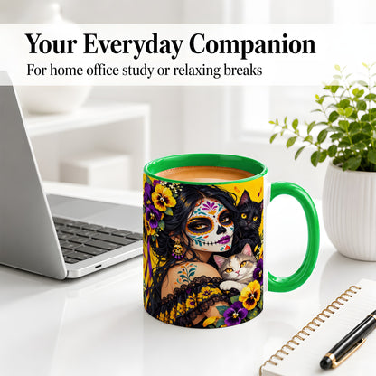 #pl[11oz|Green] Sugar Skull Woman and Cats Ceramic Mug, Yellow Pansy Artwork
