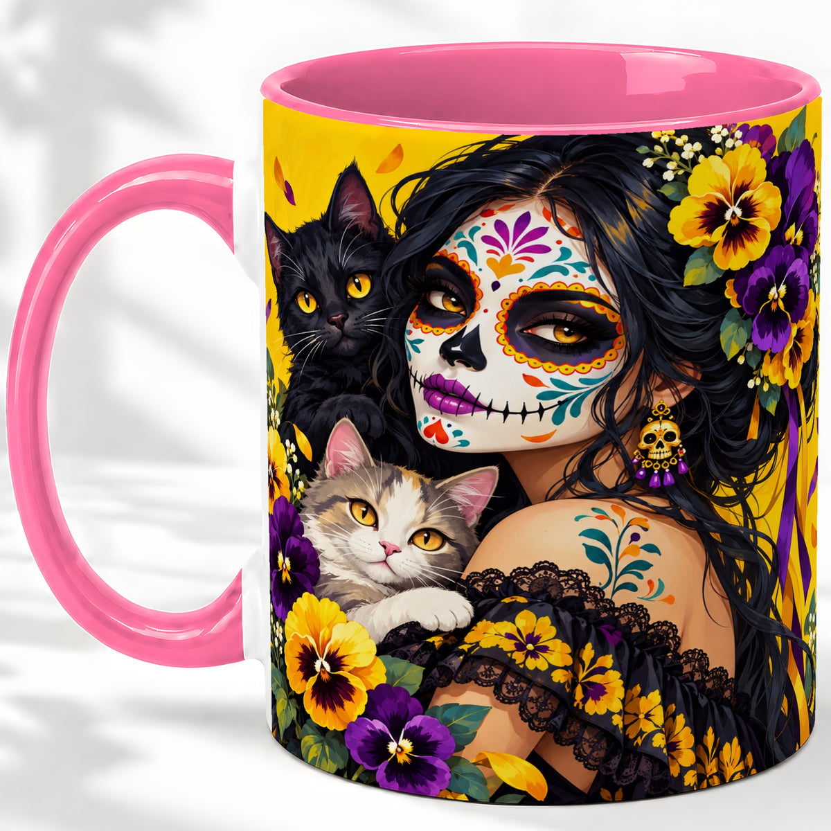 #pl[11oz|Pink] Sugar Skull Woman and Cats Ceramic Mug, Yellow Pansy Artwork
