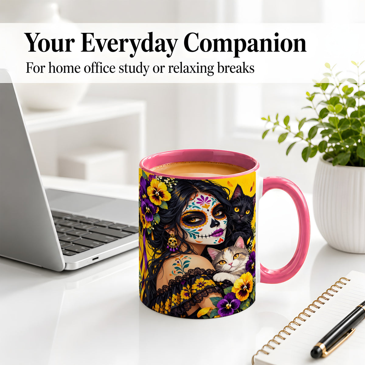 #pl[11oz|Pink] Sugar Skull Woman and Cats Ceramic Mug, Yellow Pansy Artwork
