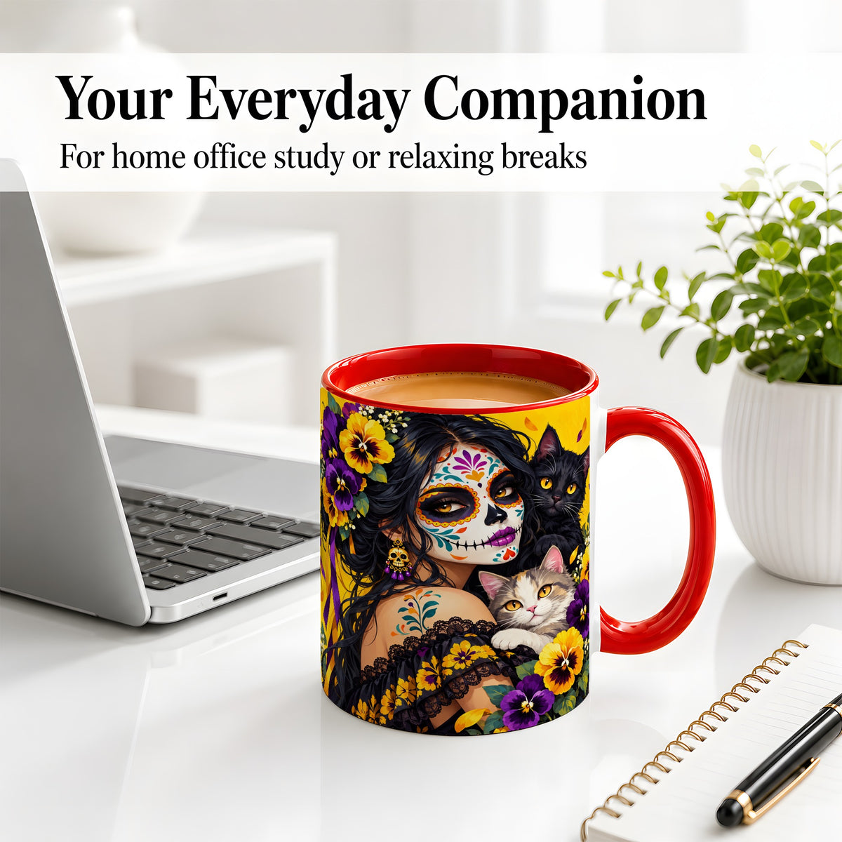 #pl[11oz|Red] Sugar Skull Woman and Cats Ceramic Mug, Yellow Pansy Artwork