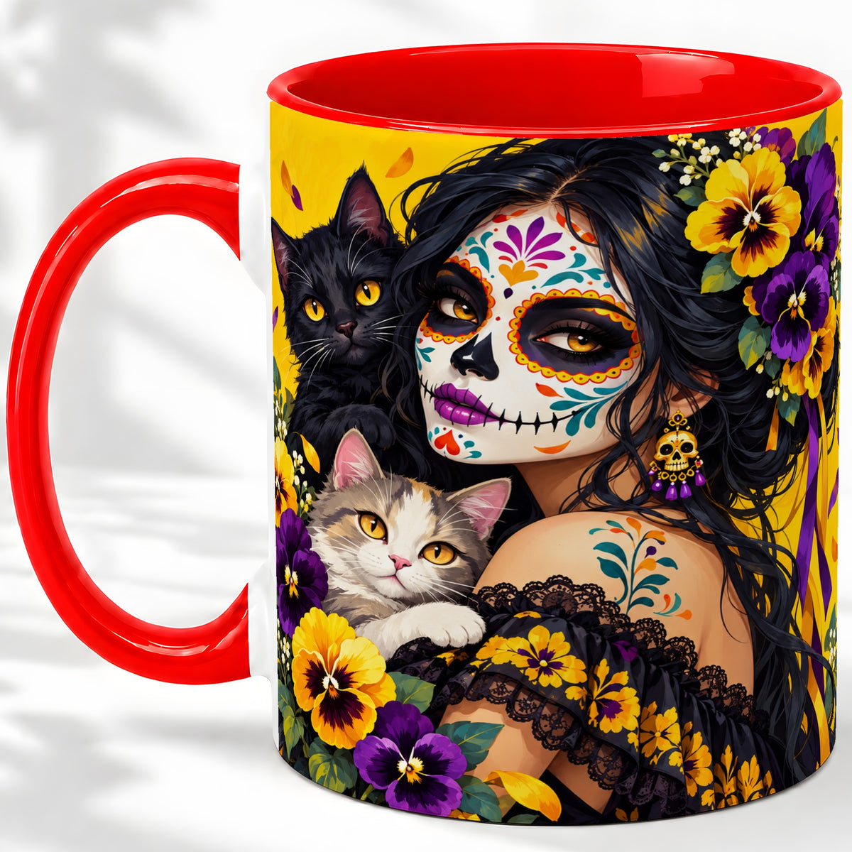 Sugar Skull Woman and Cats Ceramic Mug, Yellow Pansy Artwork