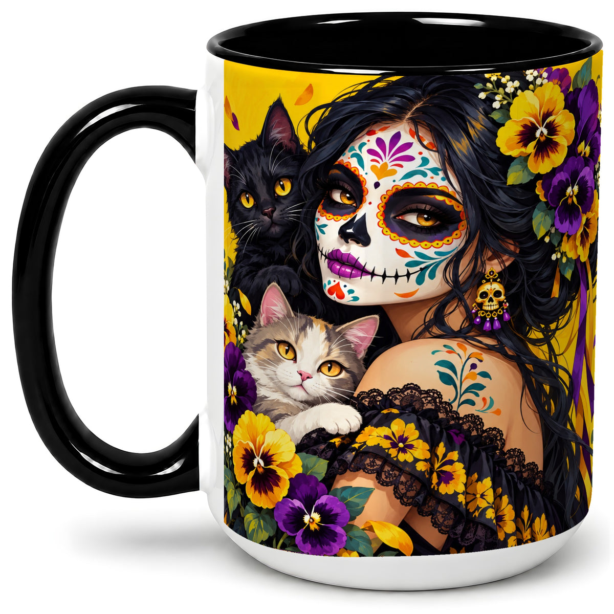 #pl[15oz|Black] Sugar Skull Woman and Cats Ceramic Mug, Yellow Pansy Artwork