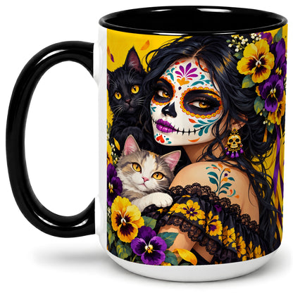 #pl[15oz|Black] Sugar Skull Woman and Cats Ceramic Mug, Yellow Pansy Artwork