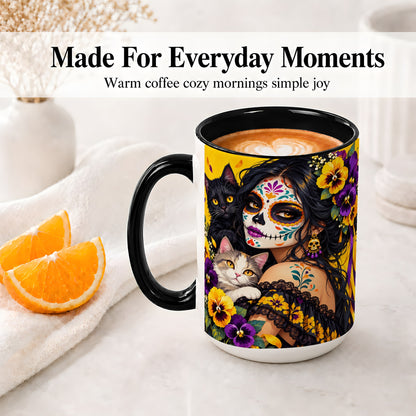 #pl[15oz|Black] Sugar Skull Woman and Cats Ceramic Mug, Yellow Pansy Artwork