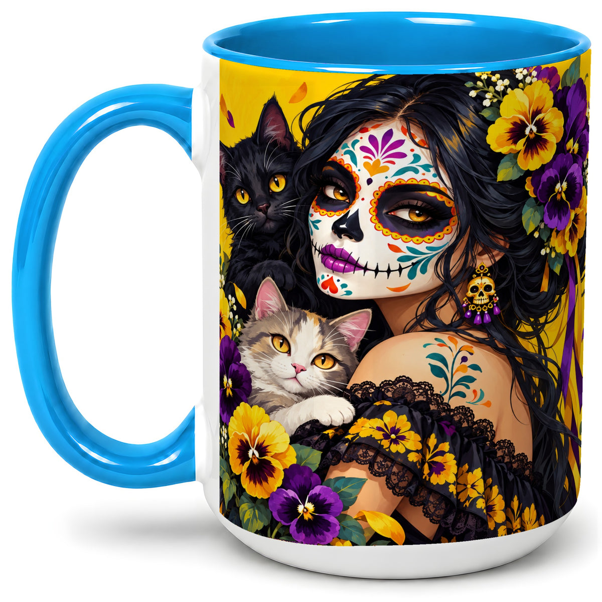 #pl[15oz|Blue] Sugar Skull Woman and Cats Ceramic Mug, Yellow Pansy Artwork