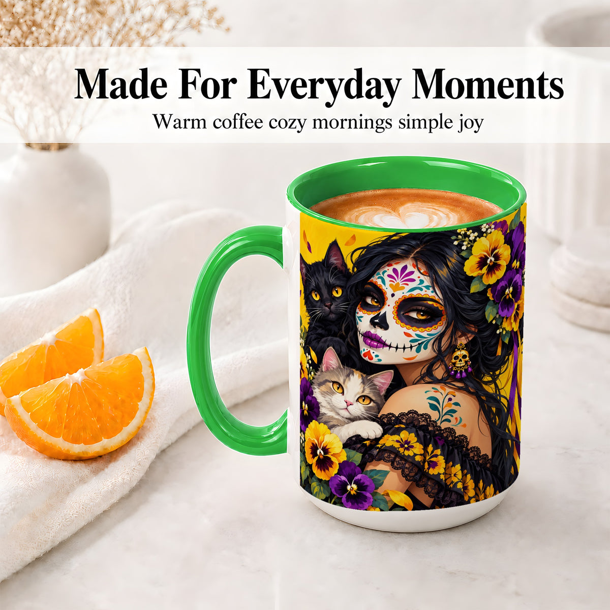 #pl[15oz|Green] Sugar Skull Woman and Cats Ceramic Mug, Yellow Pansy Artwork