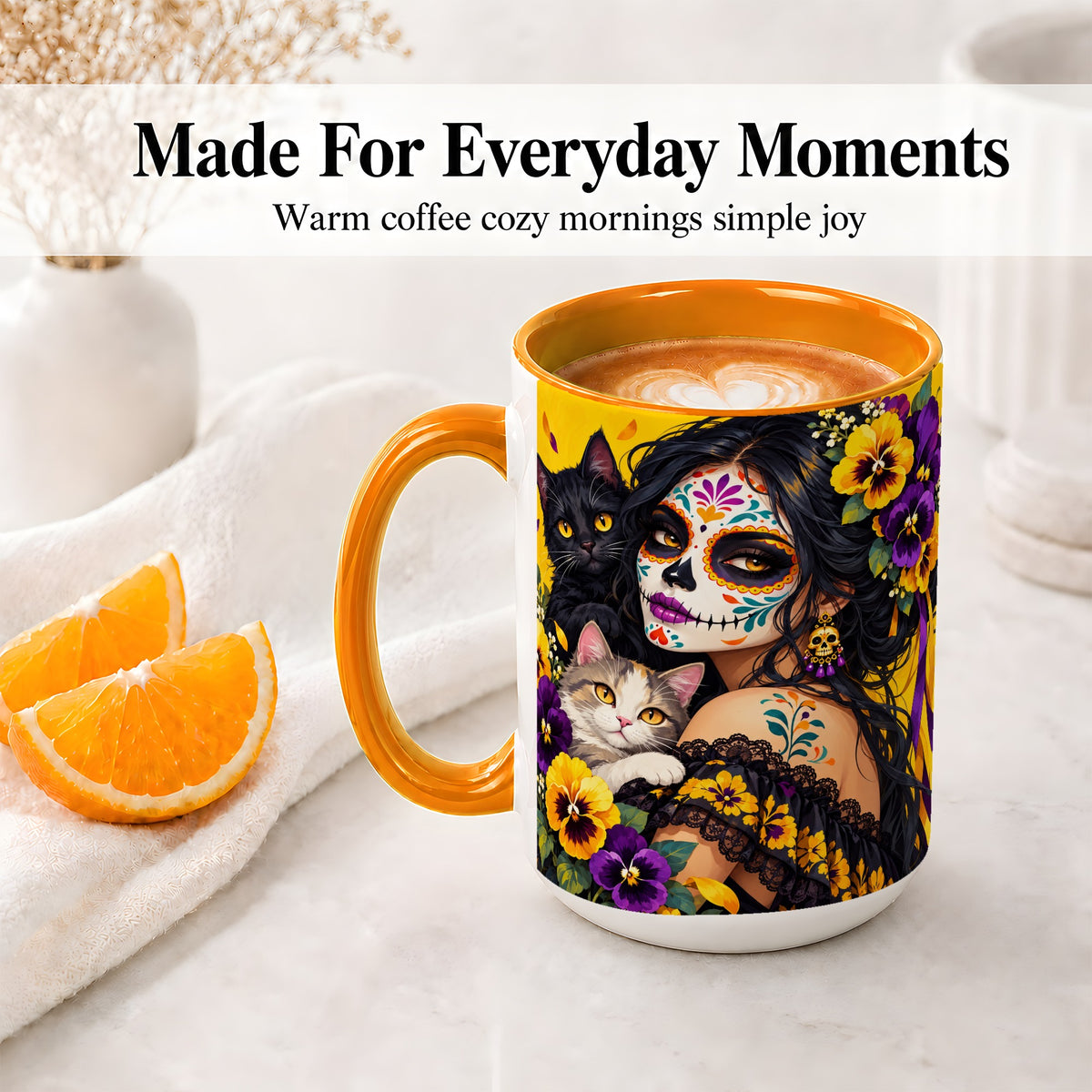 #pl[15oz|Orange] Sugar Skull Woman and Cats Ceramic Mug, Yellow Pansy Artwork