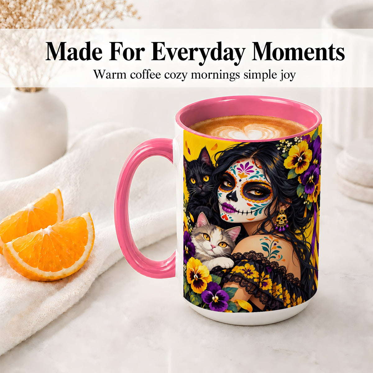 #pl[15oz|Pink] Sugar Skull Woman and Cats Ceramic Mug, Yellow Pansy Artwork