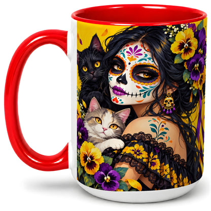 #pl[15oz|Red] Sugar Skull Woman and Cats Ceramic Mug, Yellow Pansy Artwork