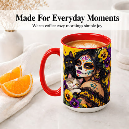 #pl[15oz|Red] Sugar Skull Woman and Cats Ceramic Mug, Yellow Pansy Artwork