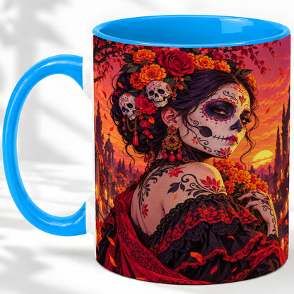#pl[11oz|Blue] Cemetery Sugar Skull Woman Ceramic Mug, Sunset Floral Artwork